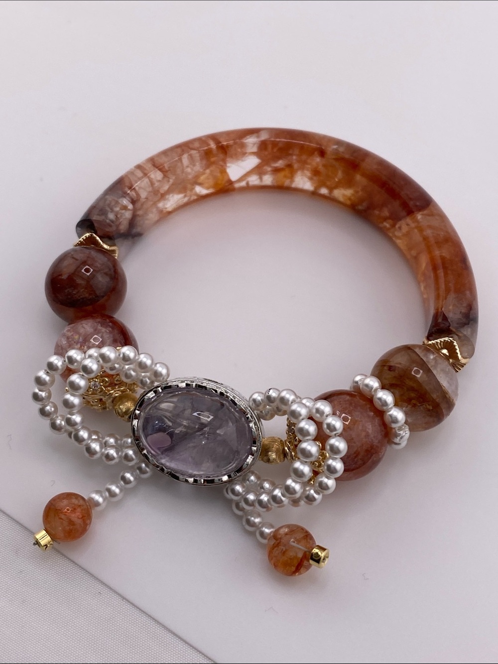 🎀 Red Fire Quartz Half Bangle Pearl Bow & Amethyst Bracelet - Picture 6 of 6